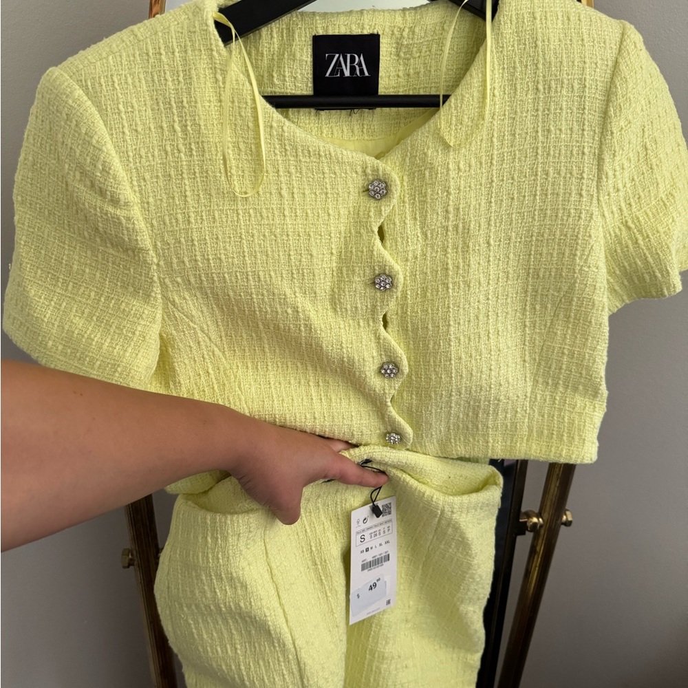 Zara Yellow Textured Button-Up top and skort set